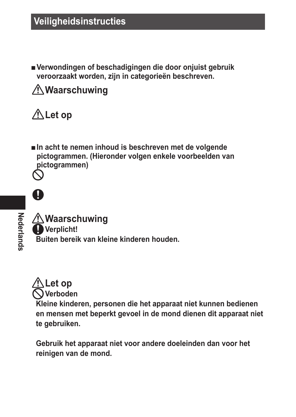 Veiligheidsinstructies, Waarschuwing, Letop | Panasonic EWDJ10 User Manual | Page 54 / 216