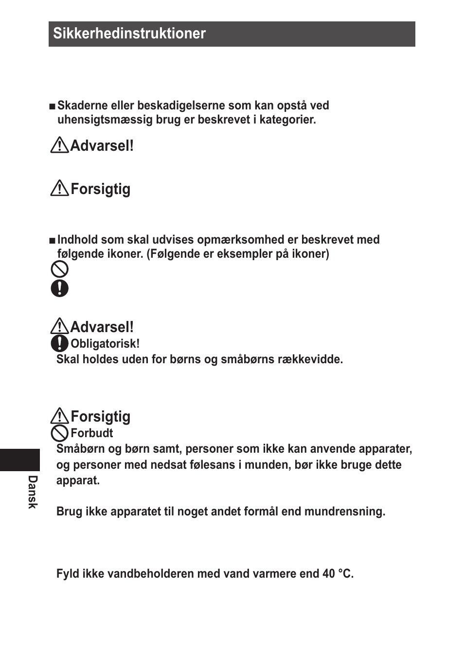 Sikkerhedinstruktioner, Advarsel, Forsigtig | Panasonic EWDJ10 User Manual | Page 80 / 216