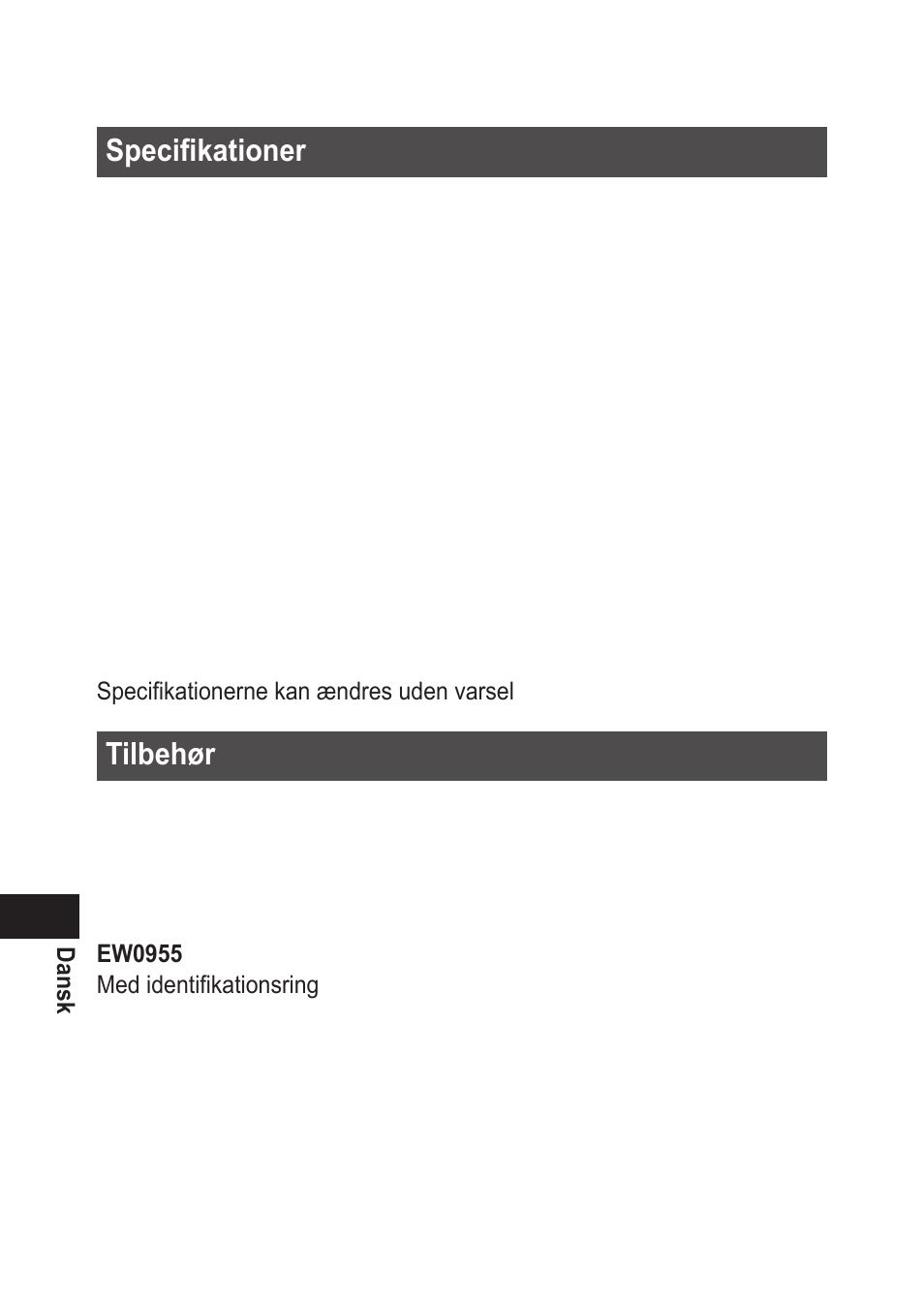 Specifikationer, Tilbehør | Panasonic EWDJ10 User Manual | Page 90 / 216