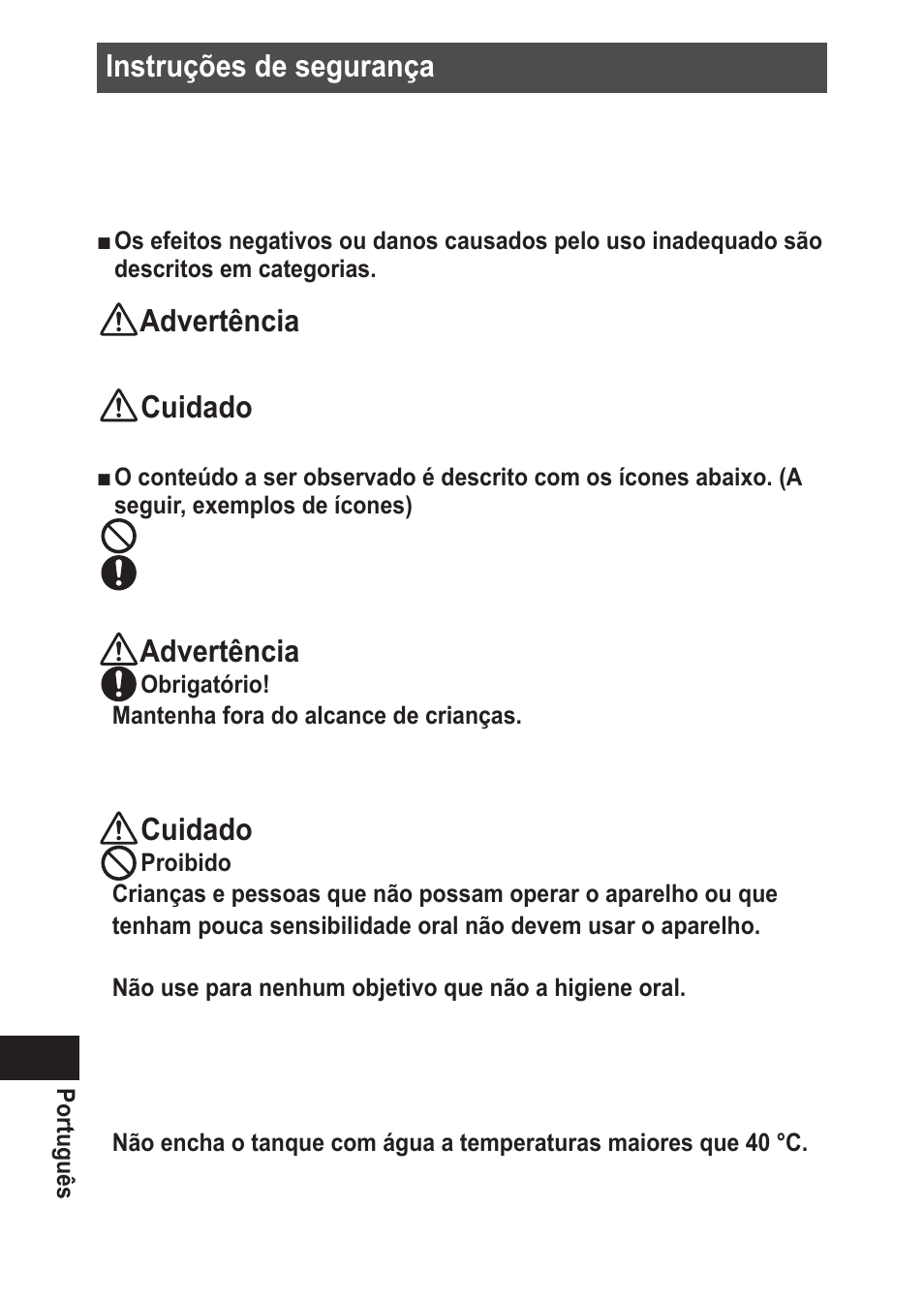Instruçõesdesegurança, Advertência, Cuidado | Panasonic EWDJ10 User Manual | Page 92 / 216