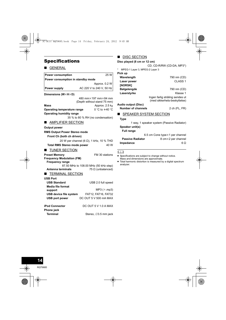 Specifications | Panasonic SCHC37EC User Manual | Page 14 / 44