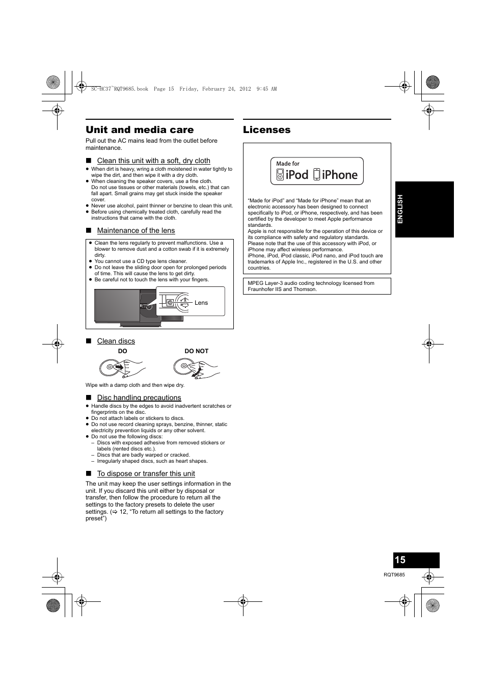 Unit and media care, Licenses | Panasonic SCHC37EC User Manual | Page 15 / 44