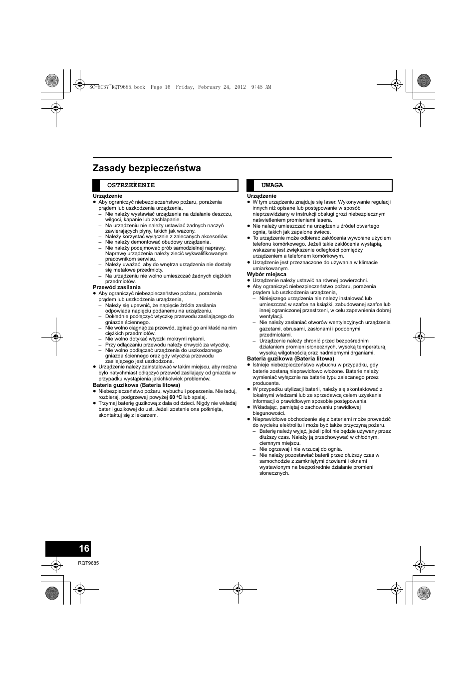 Zasady bezpieczeństwa, Ostrzeëenie uwaga | Panasonic SCHC37EC User Manual | Page 16 / 44