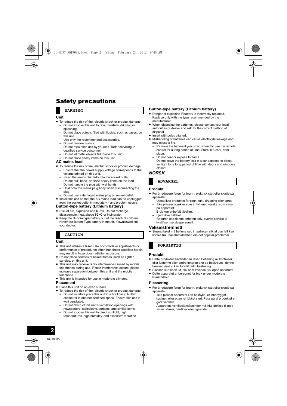 Safety precautions | Panasonic SCHC37EC User Manual | Page 2 / 44