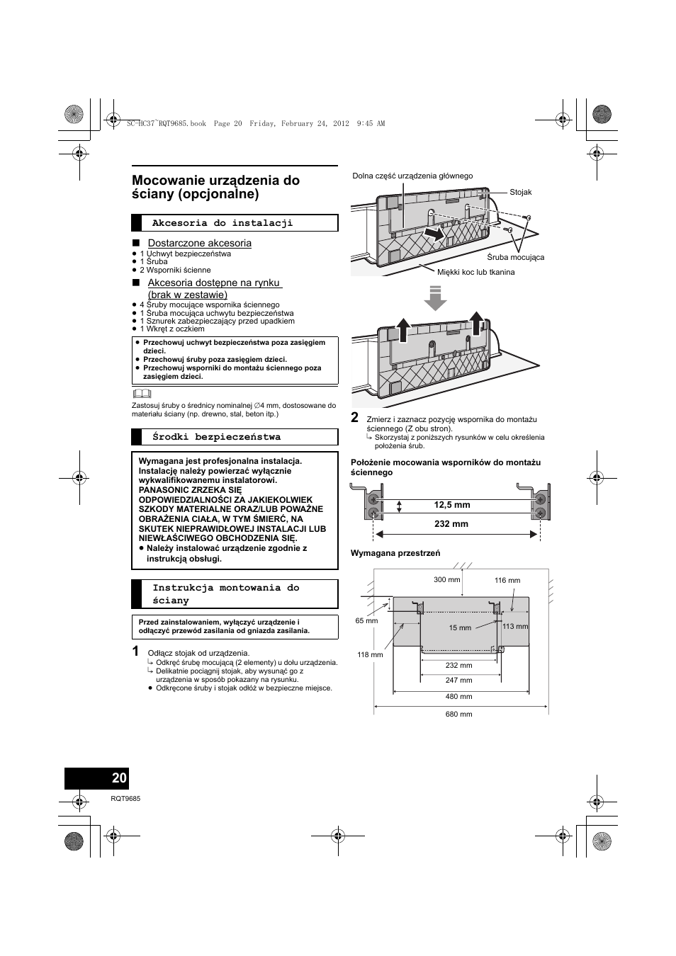 Mocowanie urządzenia do ściany (opcjonalne) | Panasonic SCHC37EC User Manual | Page 20 / 44
