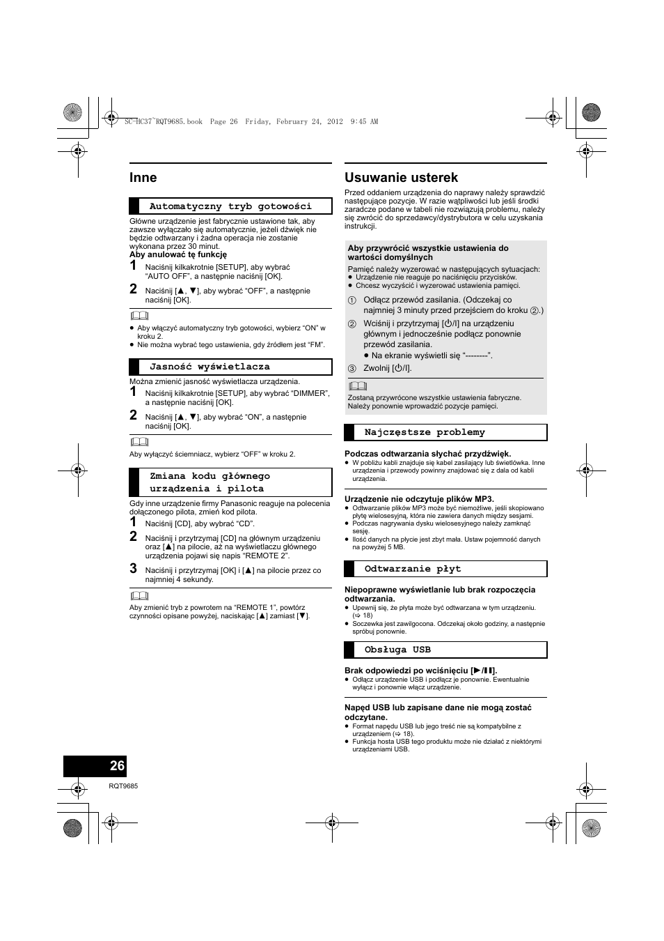 Inne, Usuwanie usterek | Panasonic SCHC37EC User Manual | Page 26 / 44