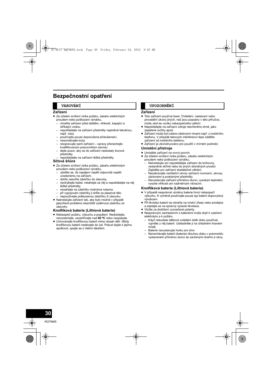 Bezpečnostní opatření | Panasonic SCHC37EC User Manual | Page 30 / 44