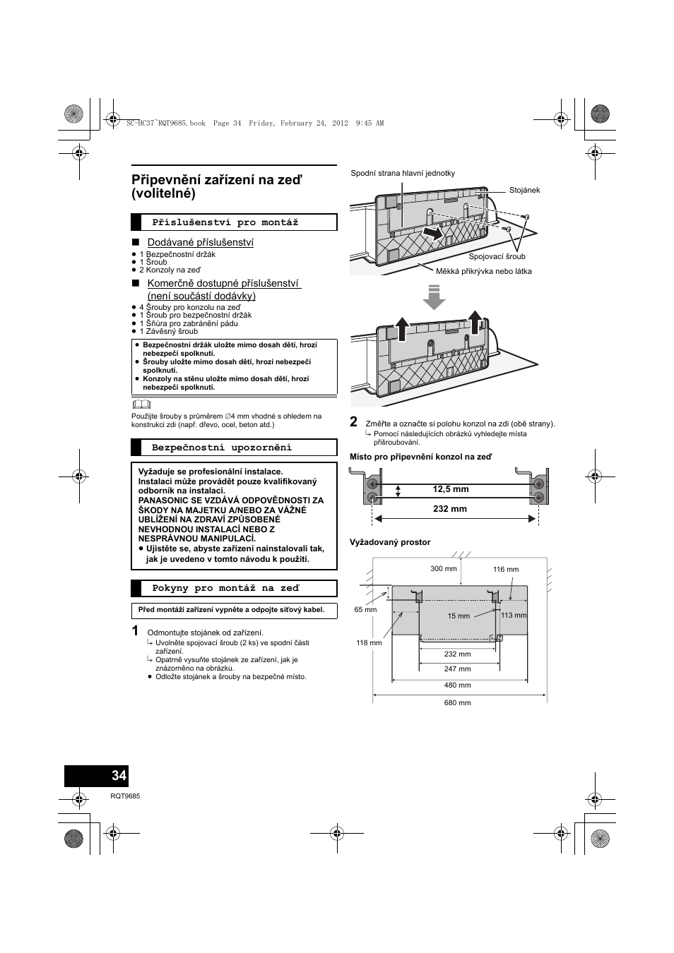 Připevnění zařízení na zeď (volitelné) | Panasonic SCHC37EC User Manual | Page 34 / 44