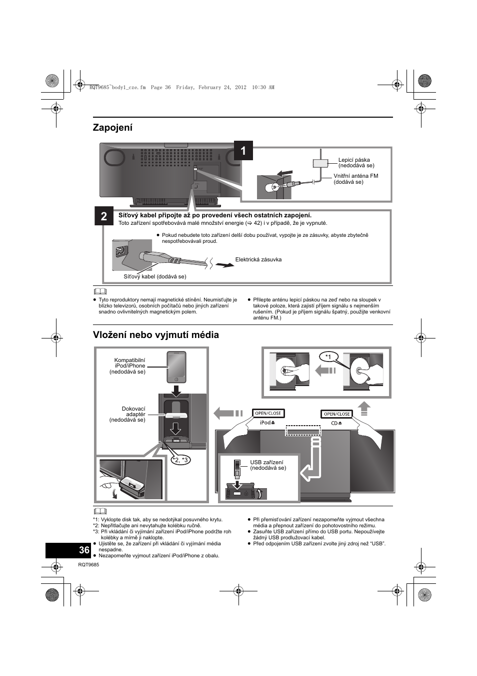 Zapojení, Vložení nebo vyjmutí média | Panasonic SCHC37EC User Manual | Page 36 / 44