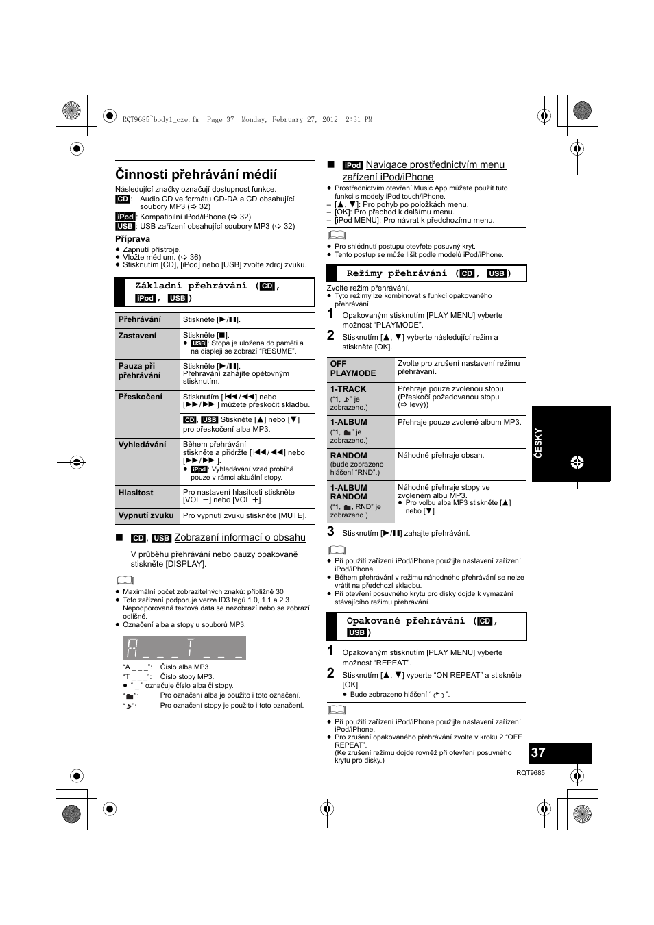 Činnosti přehrávání médií | Panasonic SCHC37EC User Manual | Page 37 / 44