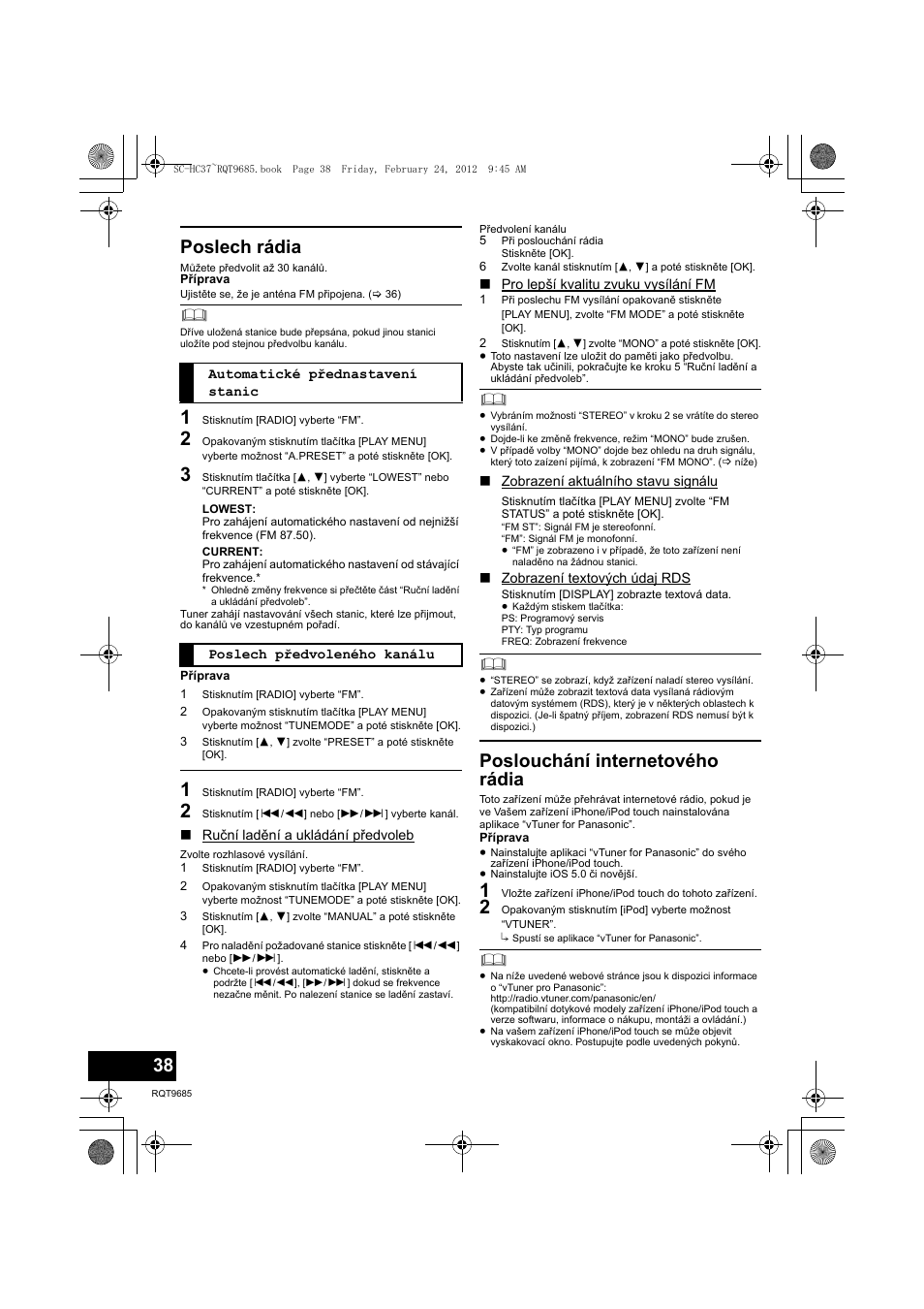 Poslech rádia, Poslouchání internetového rádia | Panasonic SCHC37EC User Manual | Page 38 / 44