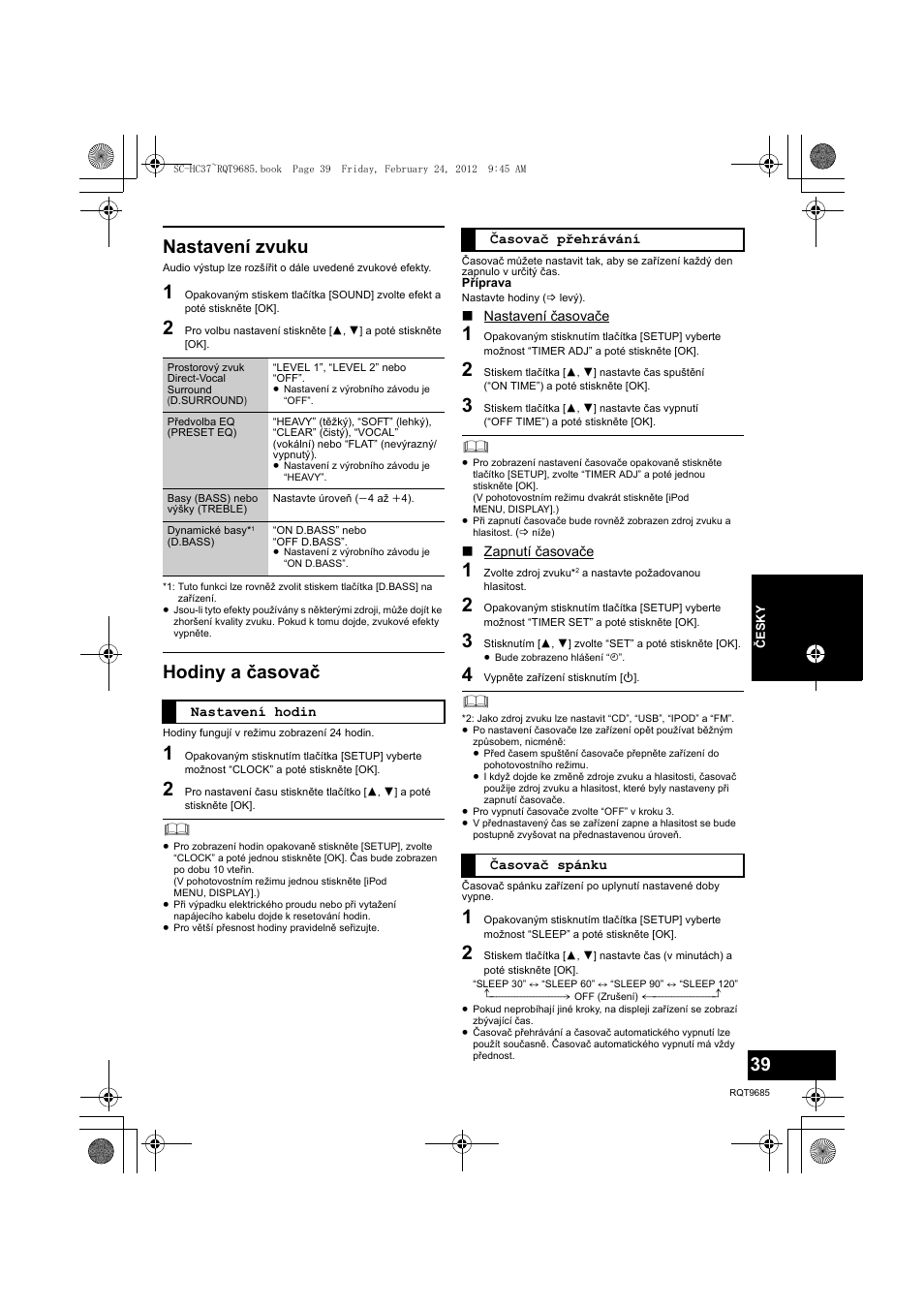 Nastavení zvuku, Hodiny a časovač | Panasonic SCHC37EC User Manual | Page 39 / 44