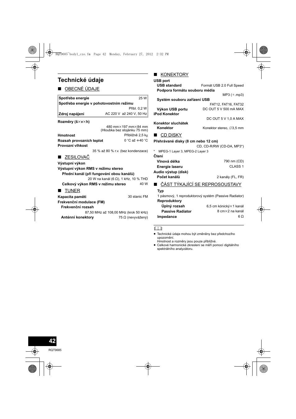 Technické údaje | Panasonic SCHC37EC User Manual | Page 42 / 44