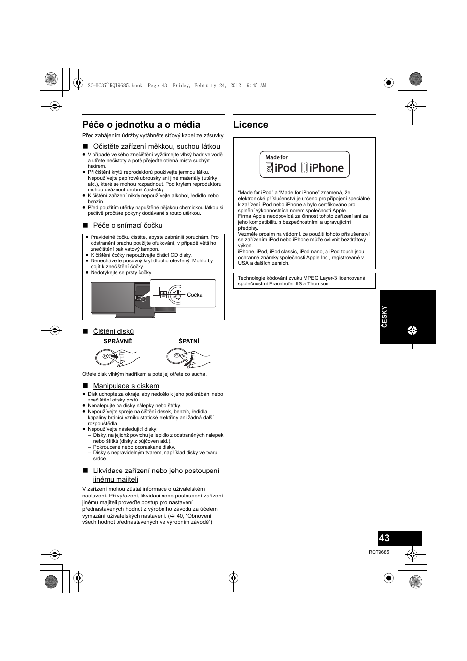 Péče o jednotku a o média, Licence | Panasonic SCHC37EC User Manual | Page 43 / 44