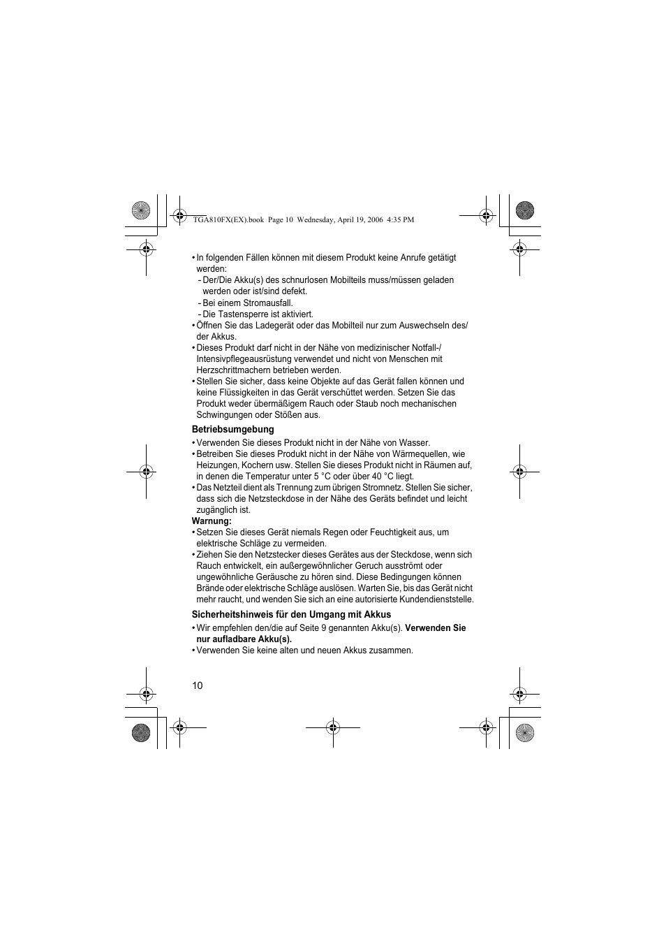 Betriebsumgebung, Sicherheitshinweis für den umgang mit akkus | Panasonic KXTGA810FX User Manual | Page 10 / 40