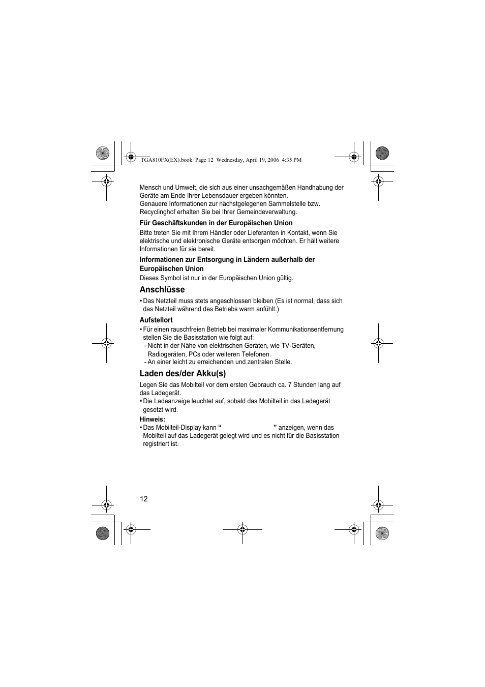 Für geschäftskunden in der europäischen union, Anschlüsse, Aufstellort | Laden des/der akku(s), Hinweis | Panasonic KXTGA810FX User Manual | Page 12 / 40