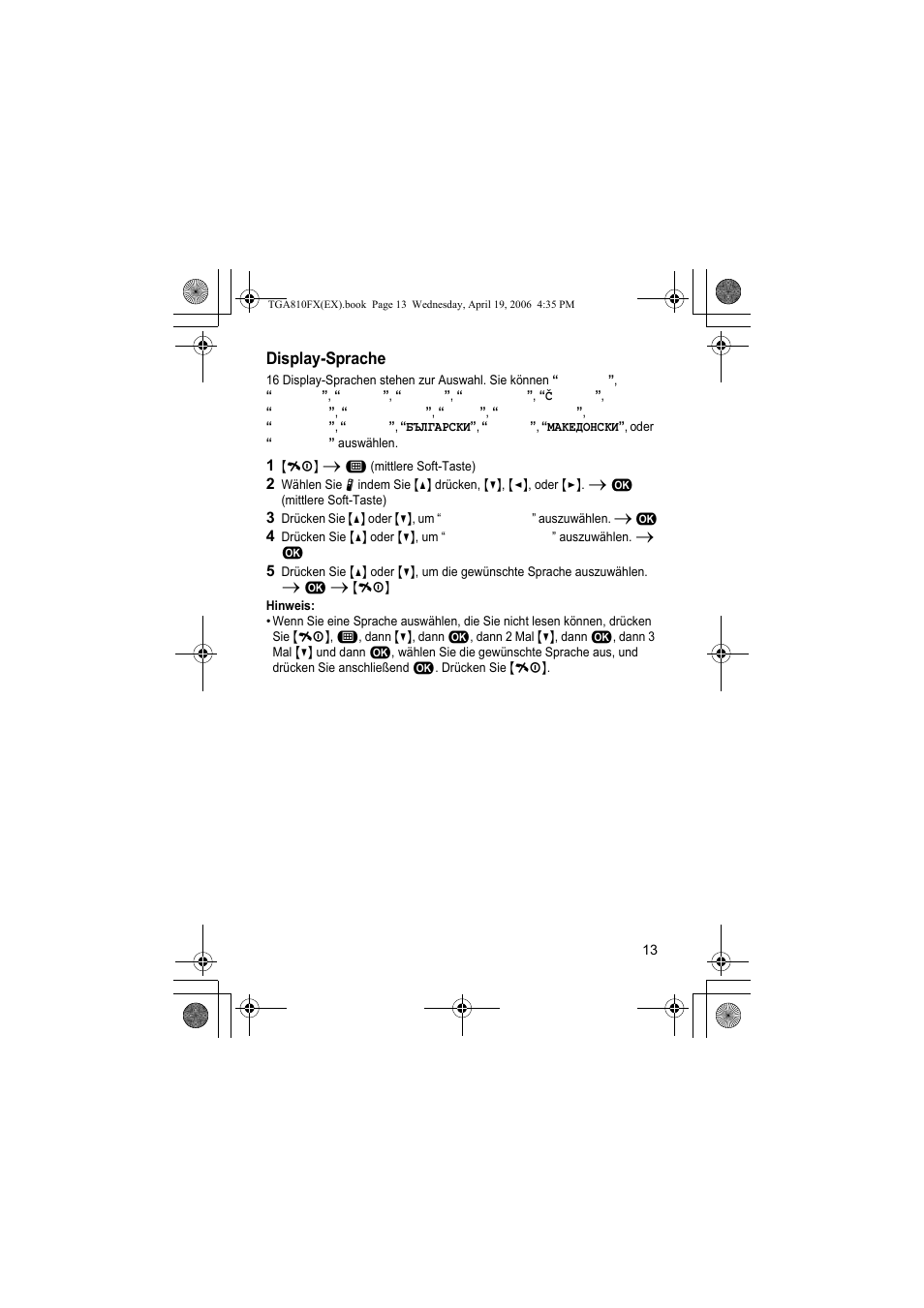 Display-sprache, 1 {ih} i " (mittlere soft-taste), Hinweis | Panasonic KXTGA810FX User Manual | Page 13 / 40