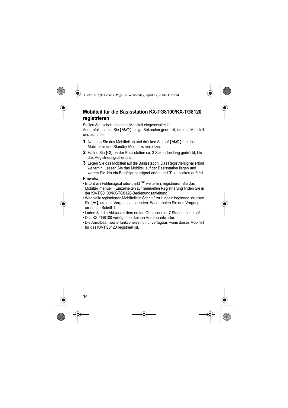Hinweis | Panasonic KXTGA810FX User Manual | Page 14 / 40