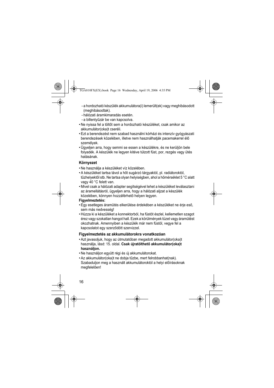 Környezet, Figyelmeztetés az akkumulátorokra vonatkozóan | Panasonic KXTGA810FX User Manual | Page 16 / 40