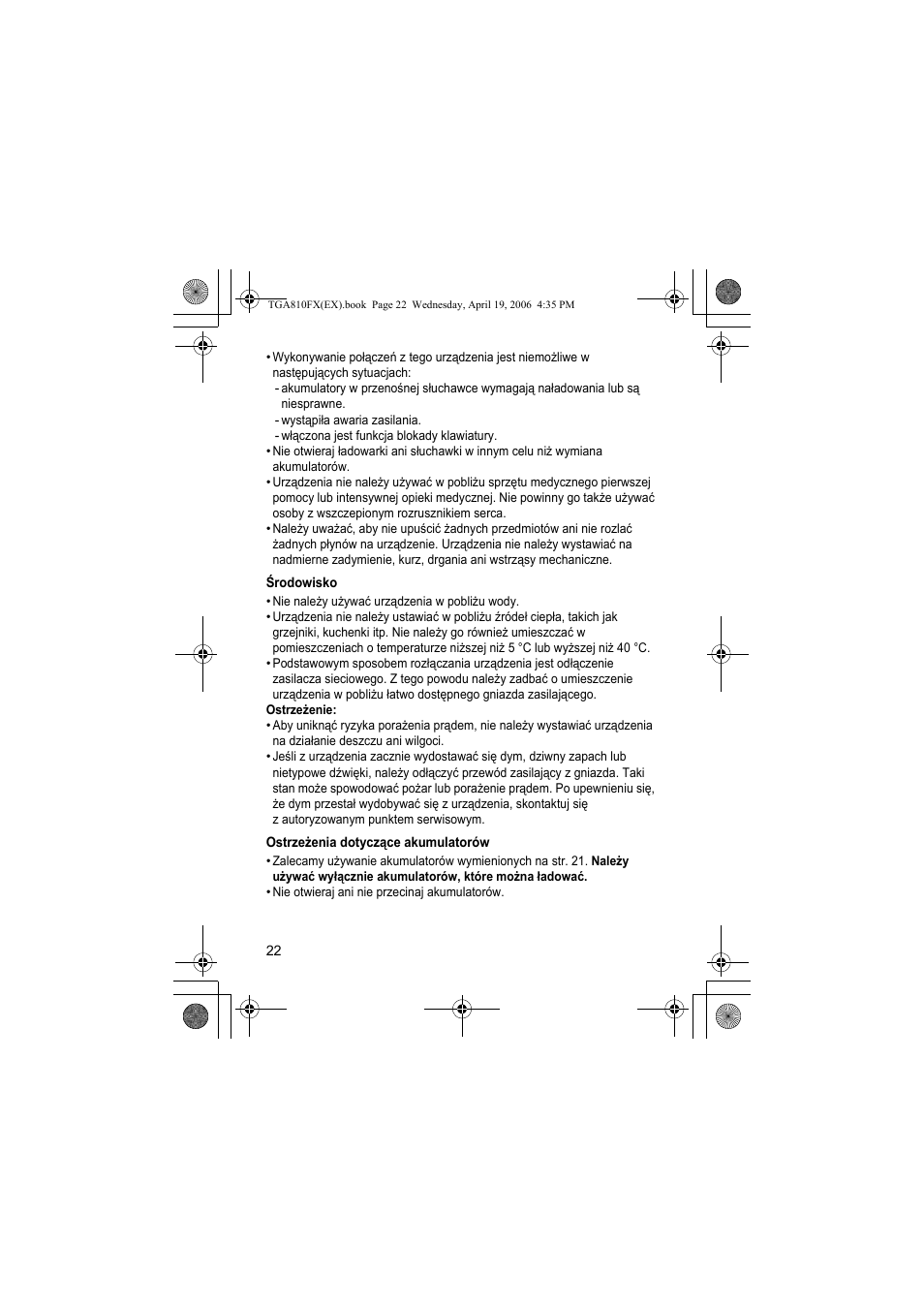 Œrodowisko, Ostrze¿enia dotycz¶ce akumulatorów | Panasonic KXTGA810FX User Manual | Page 22 / 40