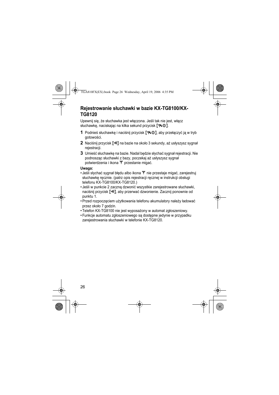 Uwaga | Panasonic KXTGA810FX User Manual | Page 26 / 40