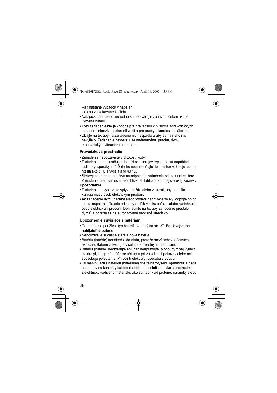 Prevádzkové prostredie, Upozornenie súvisiace s batériami | Panasonic KXTGA810FX User Manual | Page 28 / 40