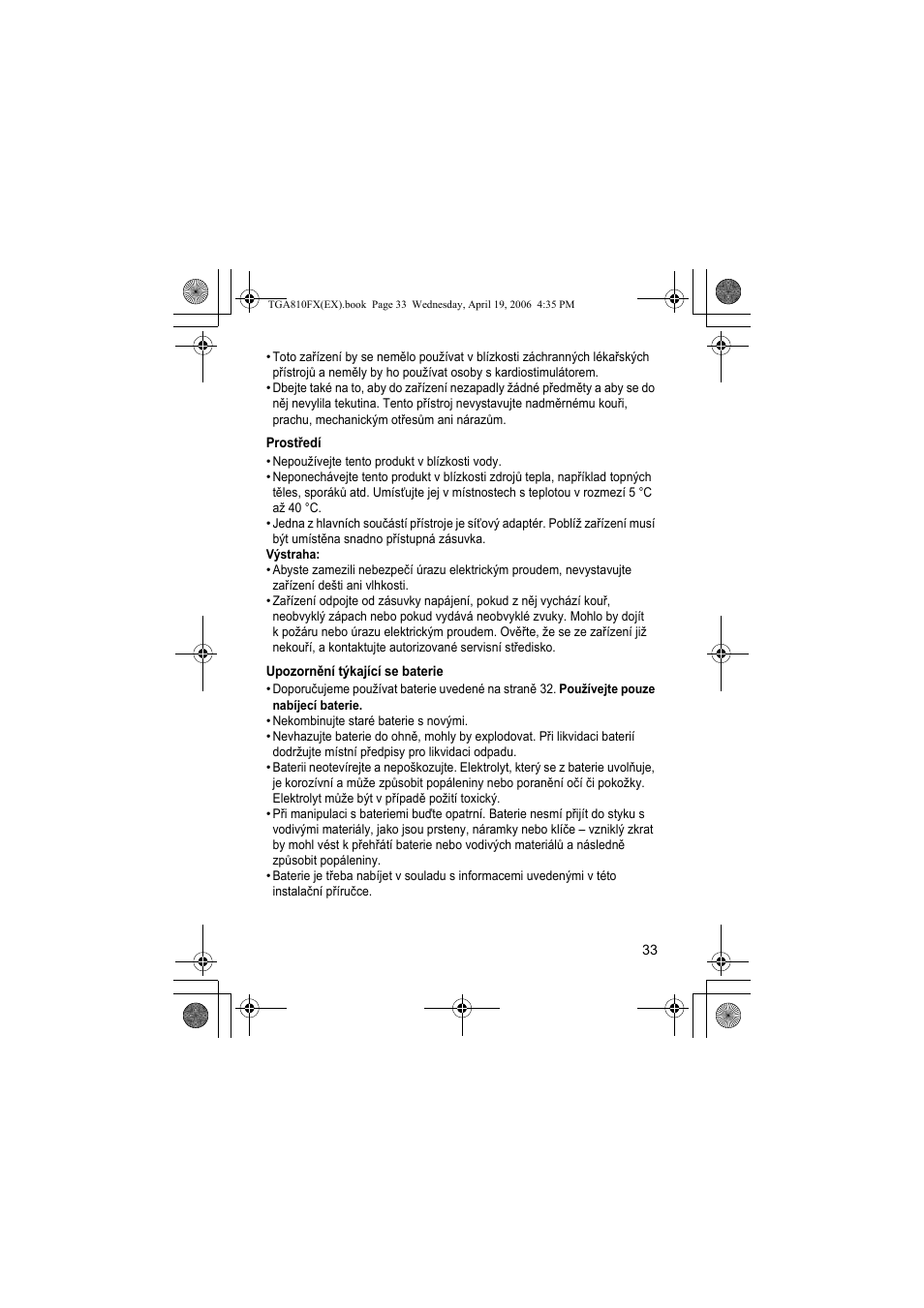 Prostøedí, Upozornìní tækající se baterie | Panasonic KXTGA810FX User Manual | Page 33 / 40
