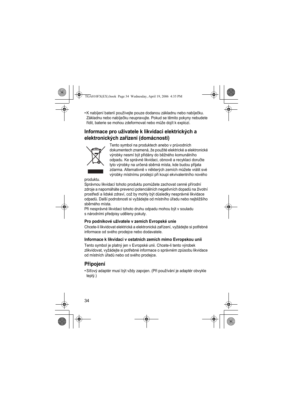 Pro podnikové u˛ivatele vzemích evropské unie, Pøipojení | Panasonic KXTGA810FX User Manual | Page 34 / 40