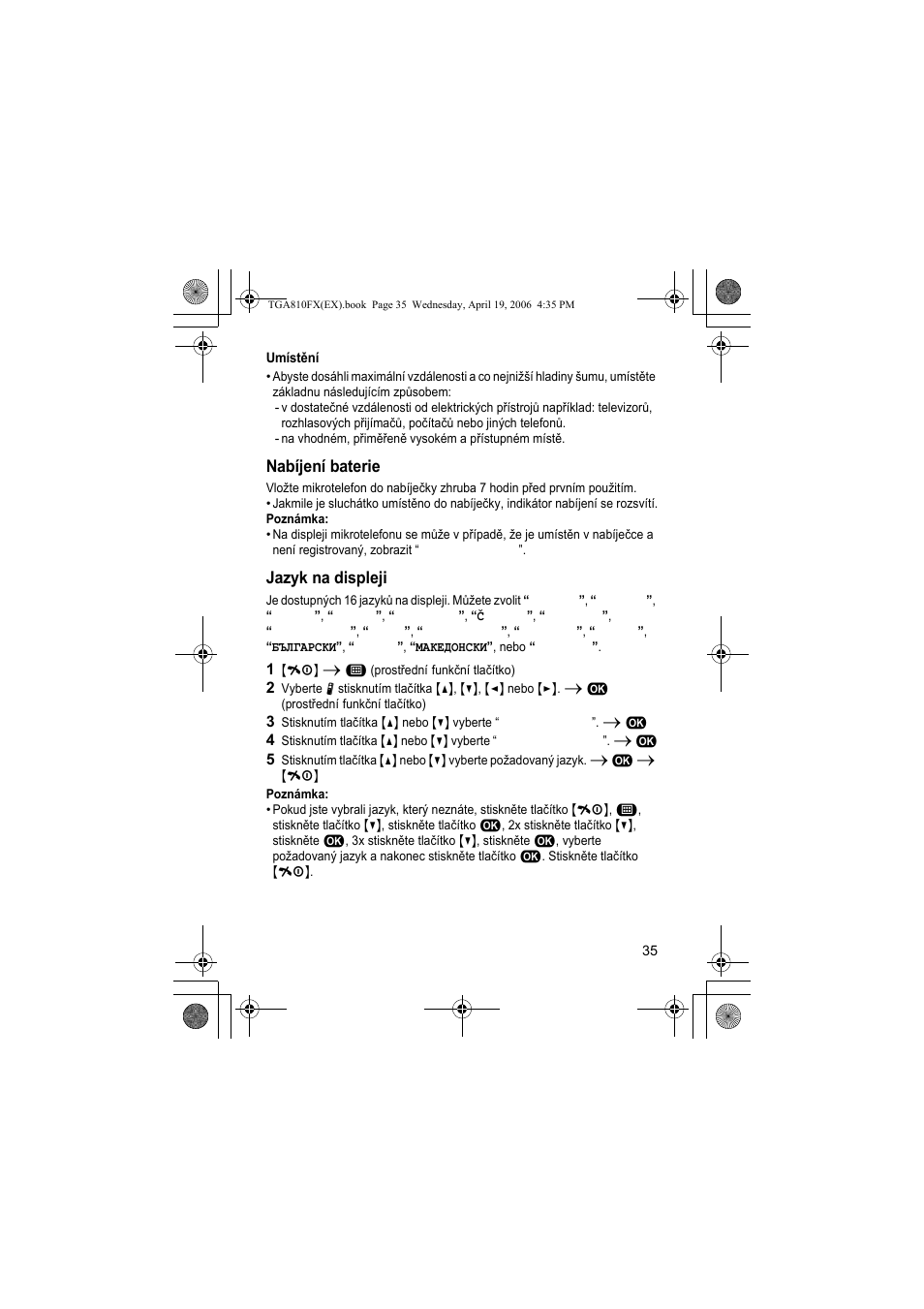 Umístìní, Nabíjení baterie, Jazyk na displeji | 1 {ih} i " (prostøední funkèní tlaèítko), Poznámka | Panasonic KXTGA810FX User Manual | Page 35 / 40
