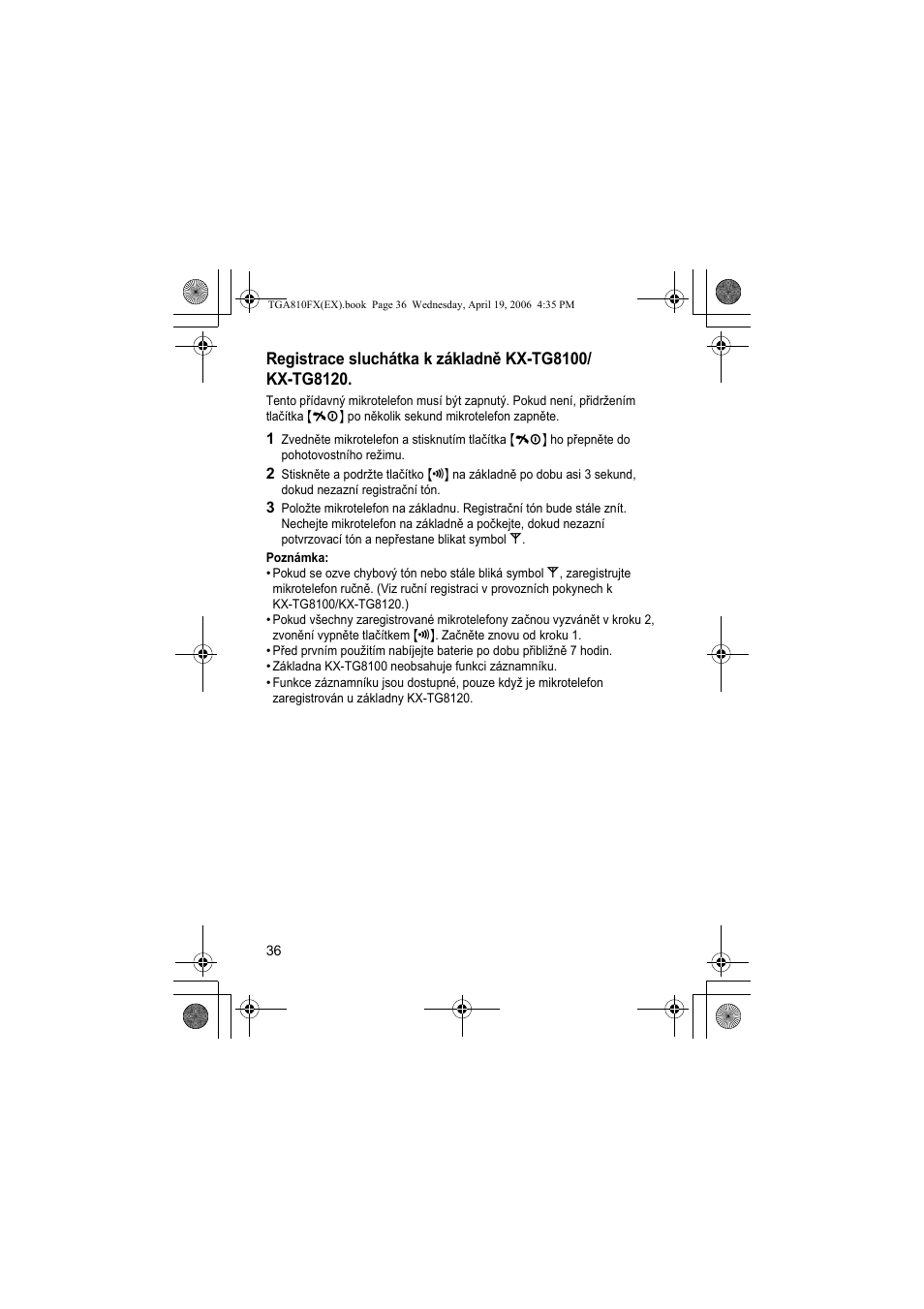 Poznámka | Panasonic KXTGA810FX User Manual | Page 36 / 40
