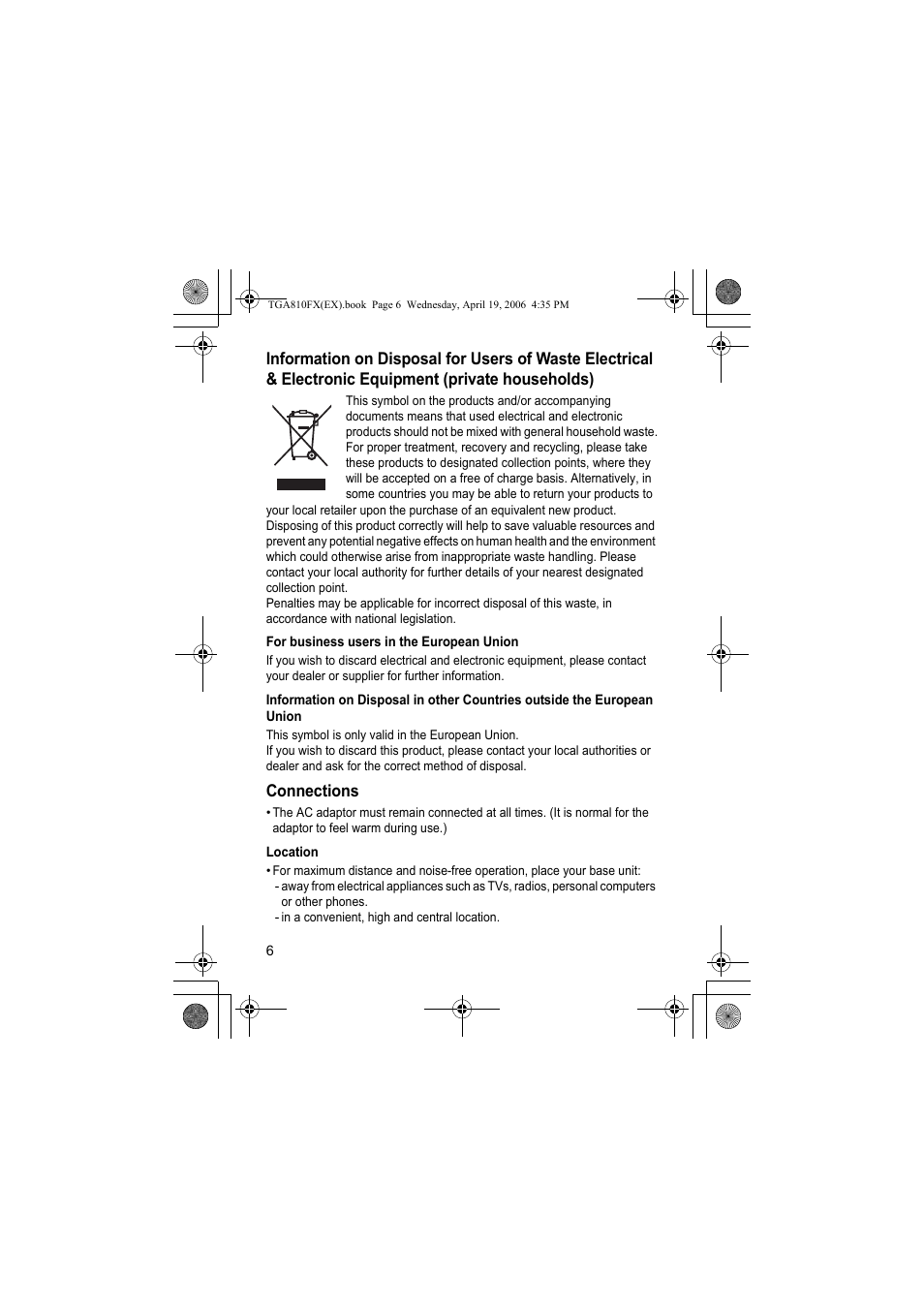 For business users in the european union, Connections, Location | Panasonic KXTGA810FX User Manual | Page 6 / 40