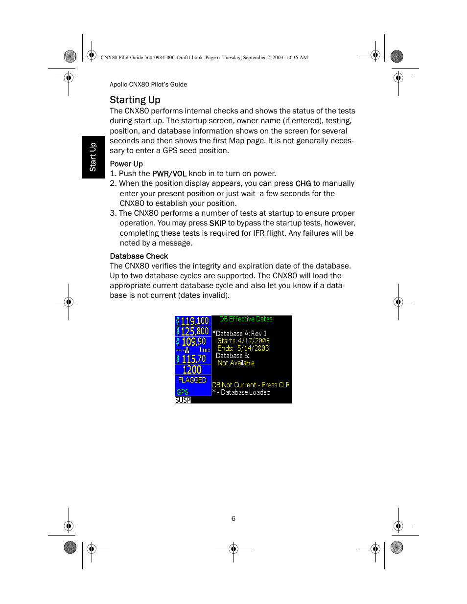 Starting up, Power up, Database check | Apollo CNX80 User Manual | Page 10 / 50