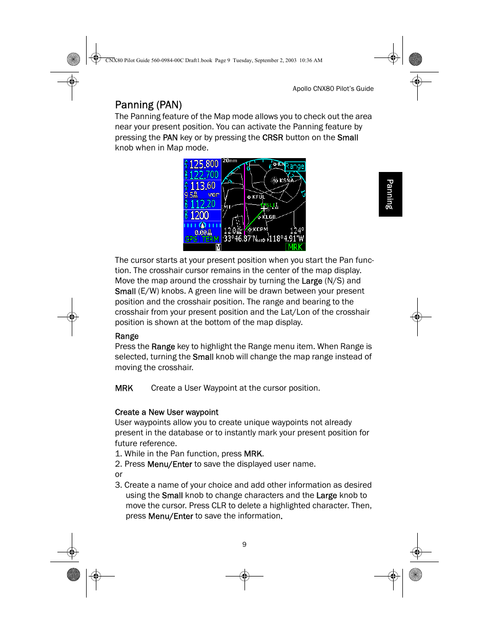 Panning (pan), Range, Create a new user waypoint | Apollo CNX80 User Manual | Page 13 / 50