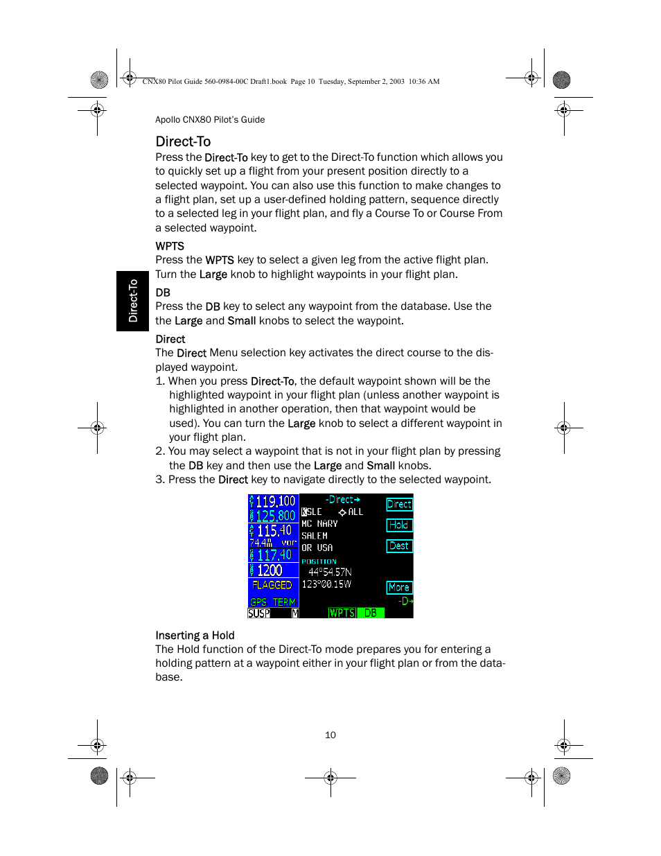 Direct-to, Wpts, Direct | Inserting a hold | Apollo CNX80 User Manual | Page 14 / 50