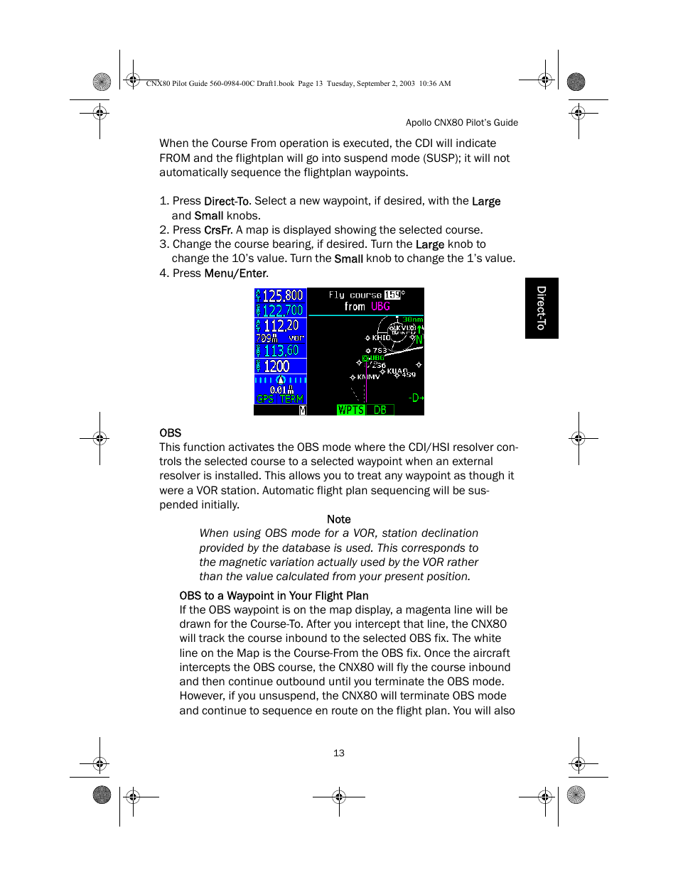 Note, Obs to a waypoint in your flight plan | Apollo CNX80 User Manual | Page 17 / 50