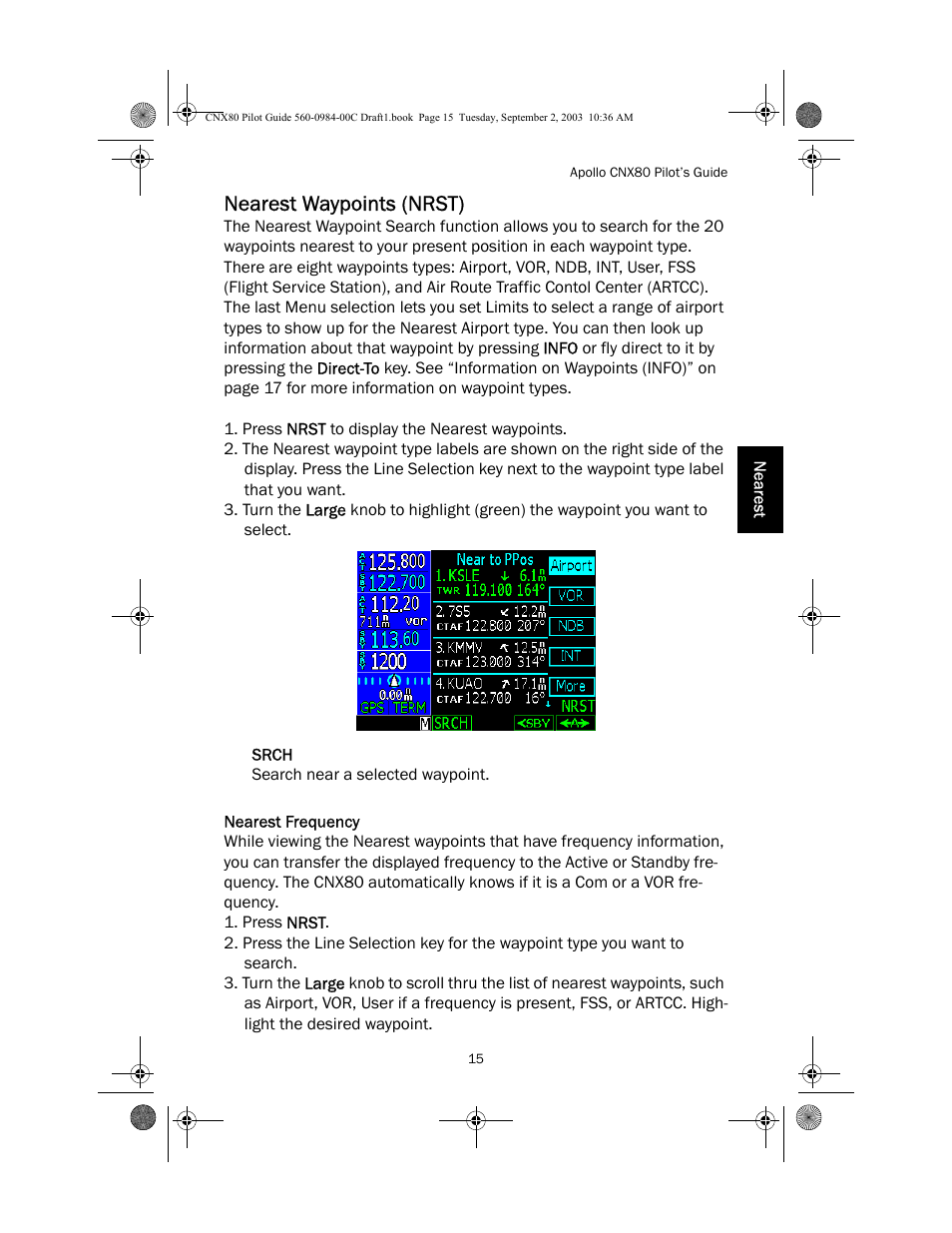Nearest waypoints (nrst), Srch, Nearest frequency | Apollo CNX80 User Manual | Page 19 / 50