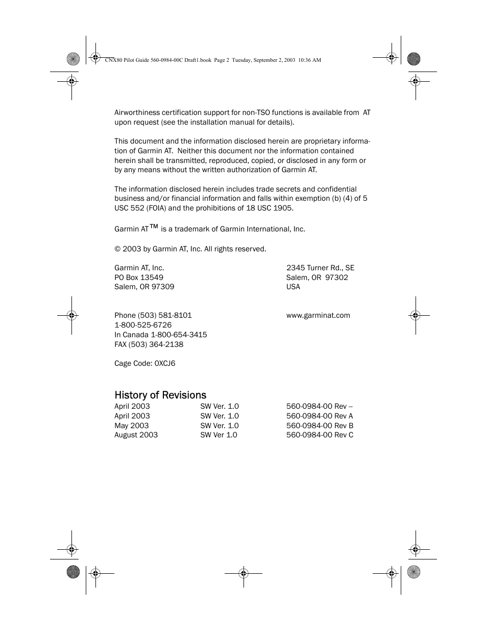 History of revisions | Apollo CNX80 User Manual | Page 2 / 50