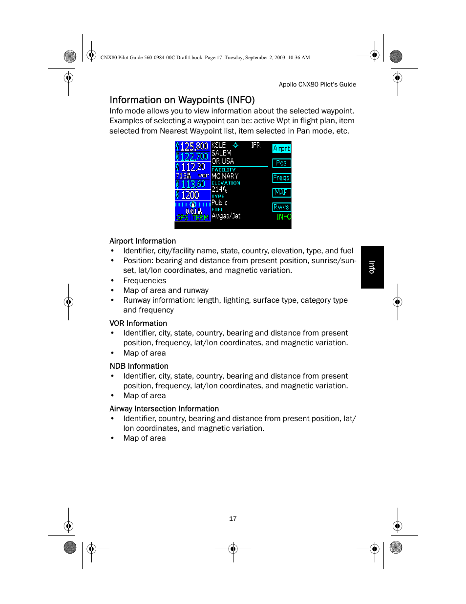 Information on waypoints (info), Airport information, Vor information | Ndb information, Airway intersection information | Apollo CNX80 User Manual | Page 21 / 50
