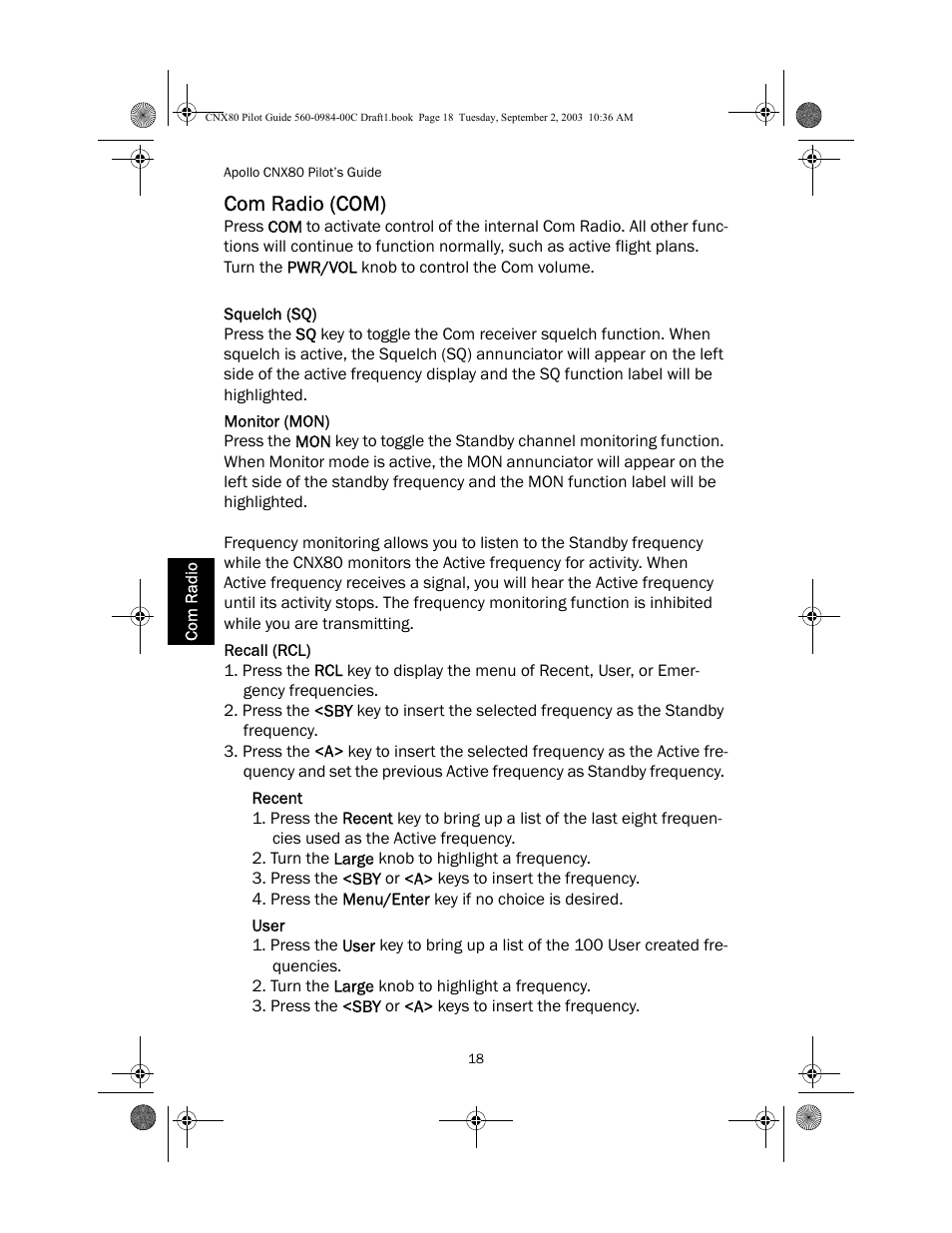 Com radio (com), Squelch (sq), Monitor (mon) | Recall (rcl), Recent, User | Apollo CNX80 User Manual | Page 22 / 50
