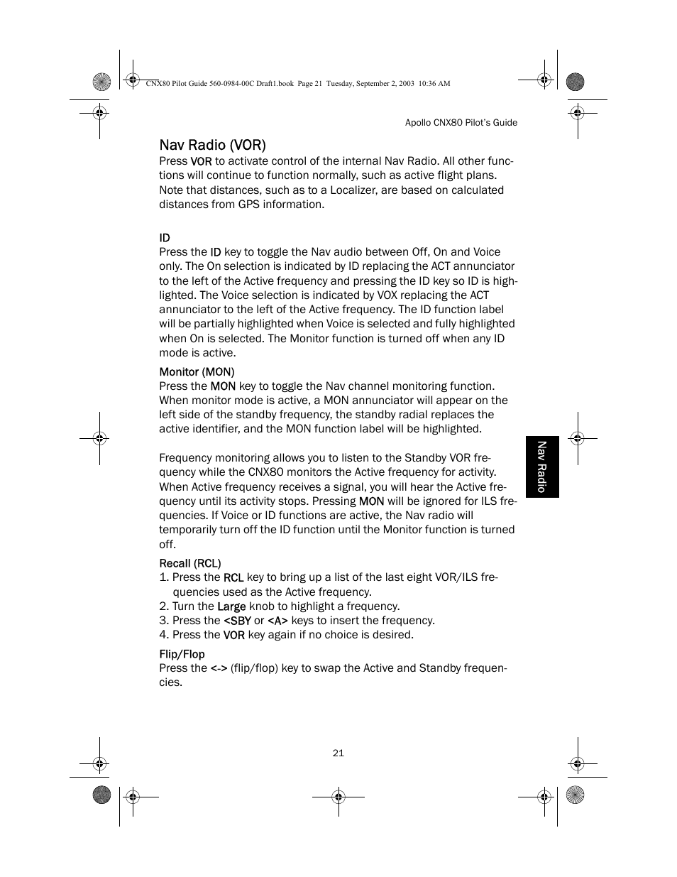 Nav radio (vor), Monitor (mon), Recall (rcl) | Flip/flop | Apollo CNX80 User Manual | Page 25 / 50