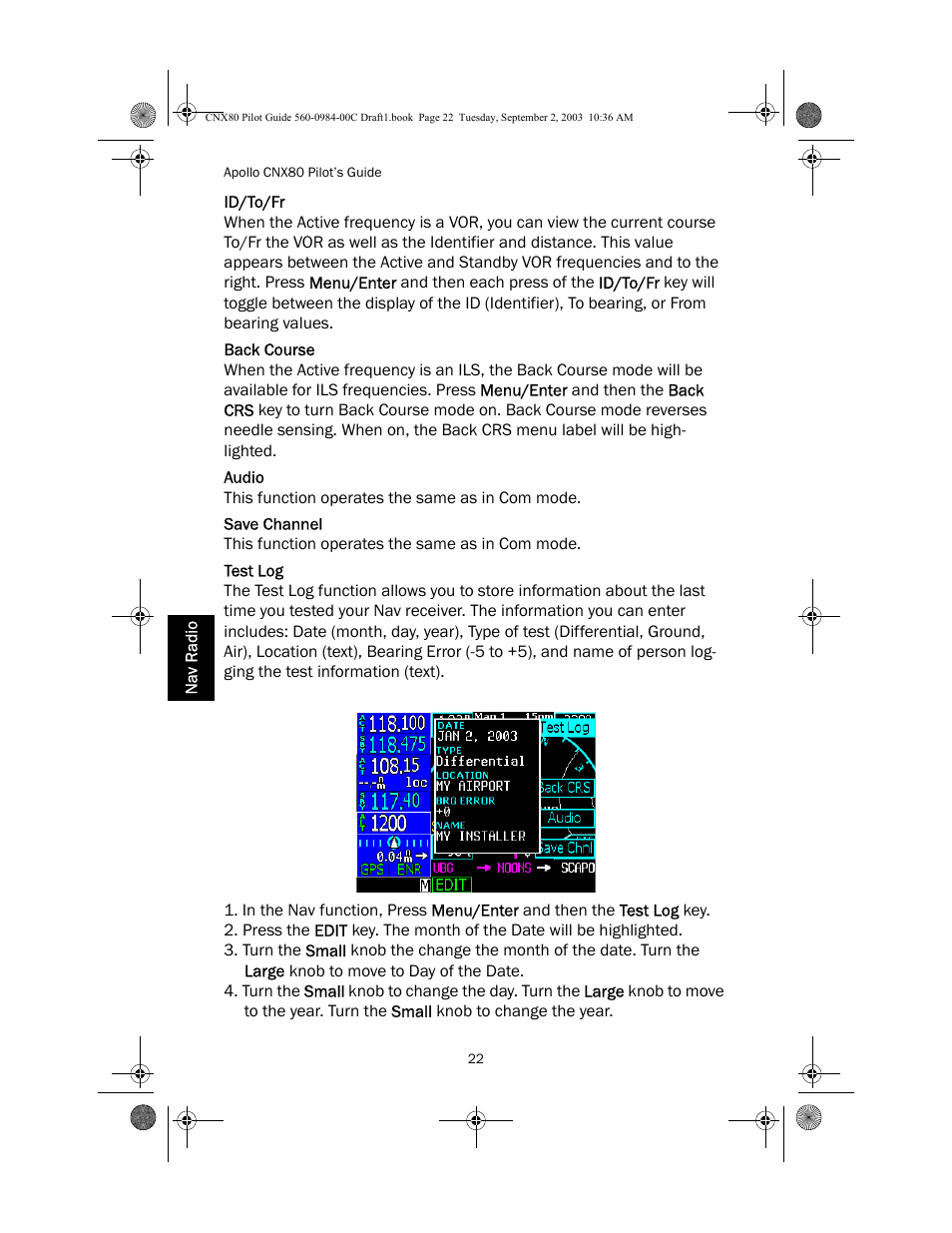 Id/to/fr, Back course, Audio | Save channel, Test log | Apollo CNX80 User Manual | Page 26 / 50