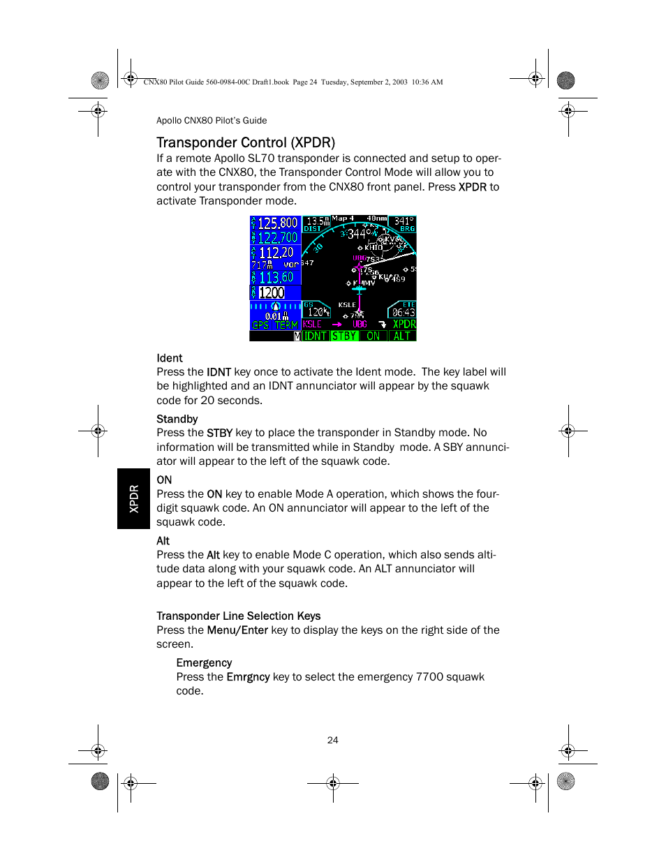 Transponder control (xpdr), Ident, Standby | Transponder line selection keys, Emergency | Apollo CNX80 User Manual | Page 28 / 50