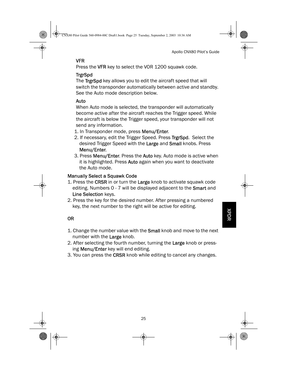 Trgrspd, Auto, Manually select a squawk code | Apollo CNX80 User Manual | Page 29 / 50