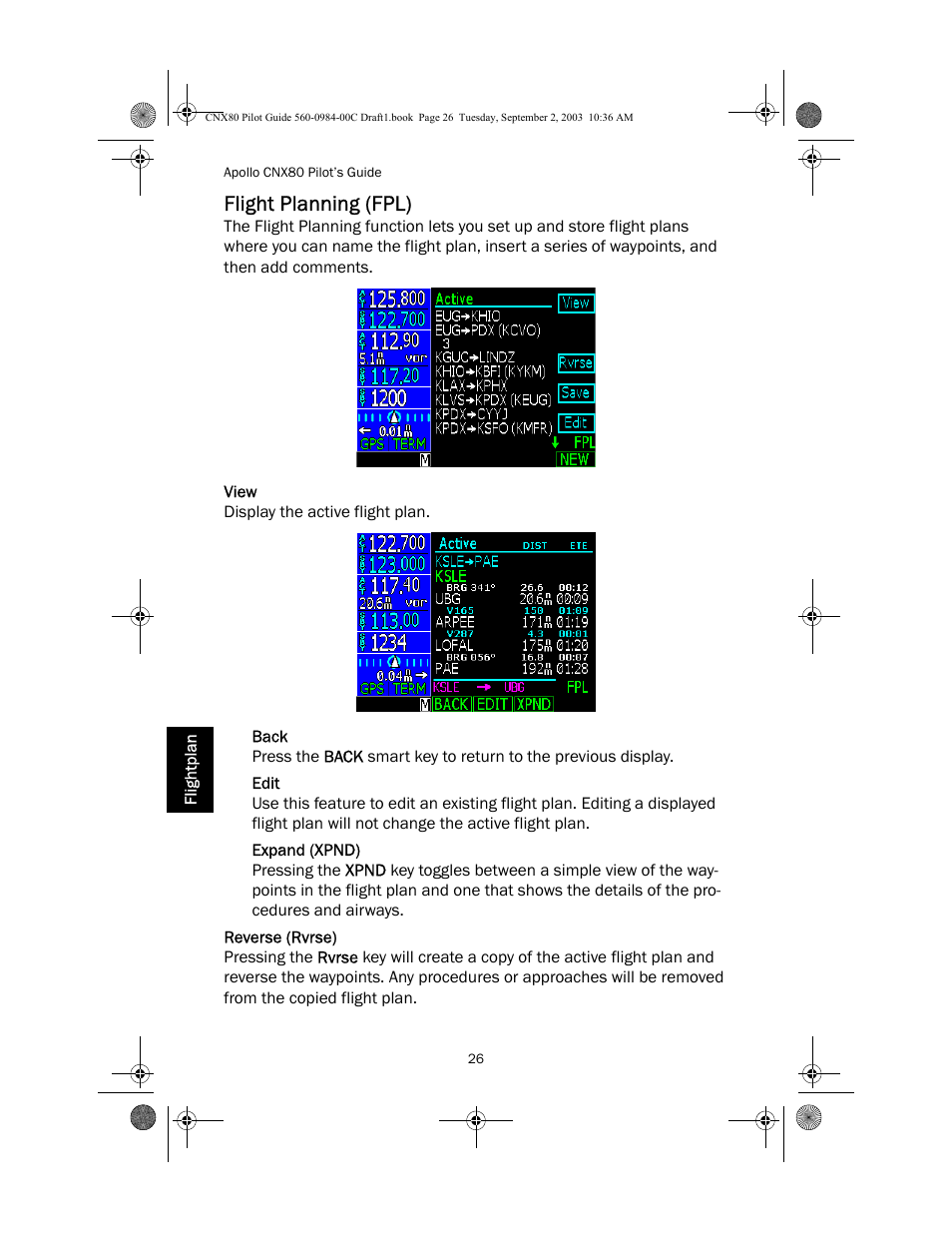 Flight planning (fpl), View, Back | Edit, Expand (xpnd), Reverse (rvrse) | Apollo CNX80 User Manual | Page 30 / 50