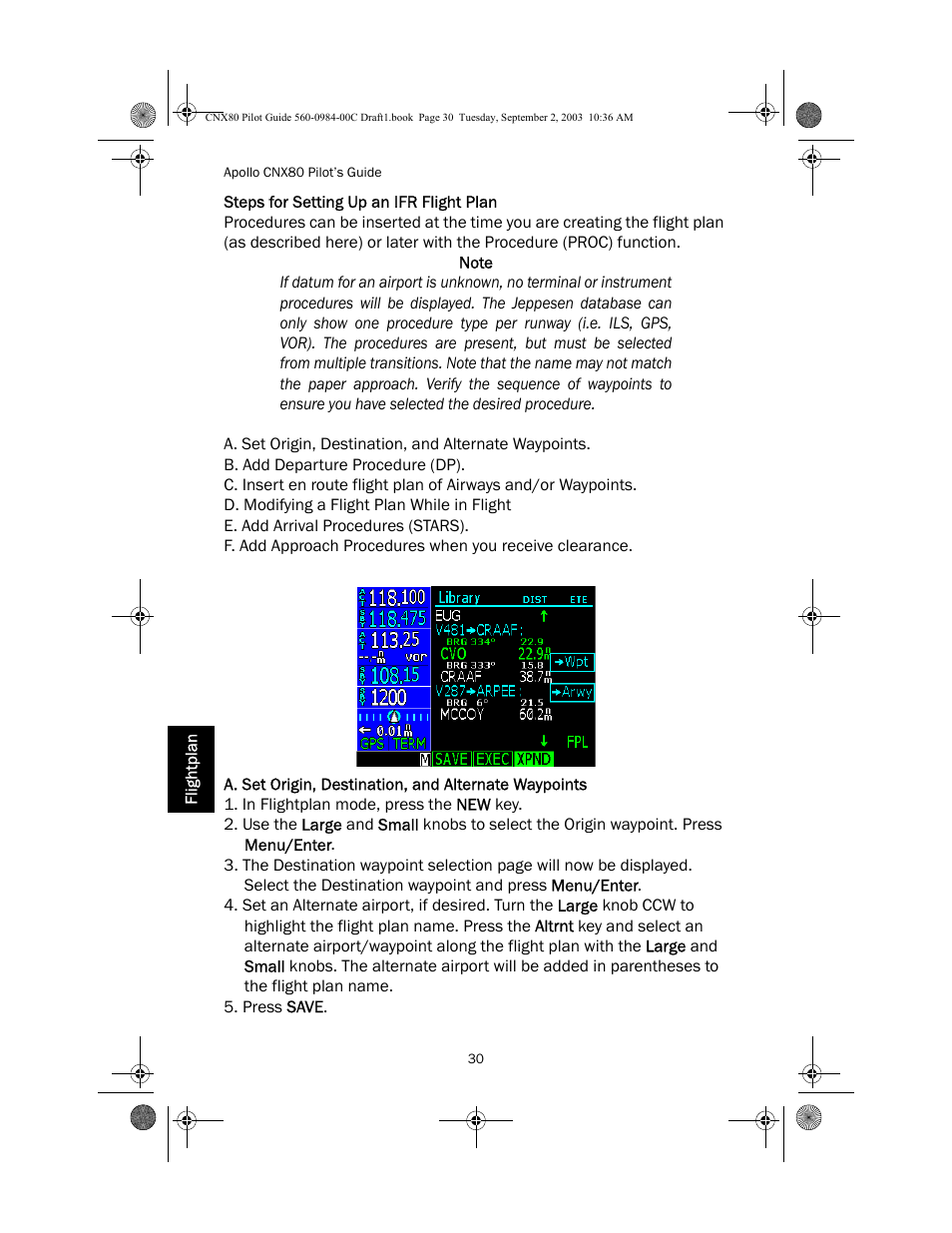 Steps for setting up an ifr flight plan, Note | Apollo CNX80 User Manual | Page 34 / 50