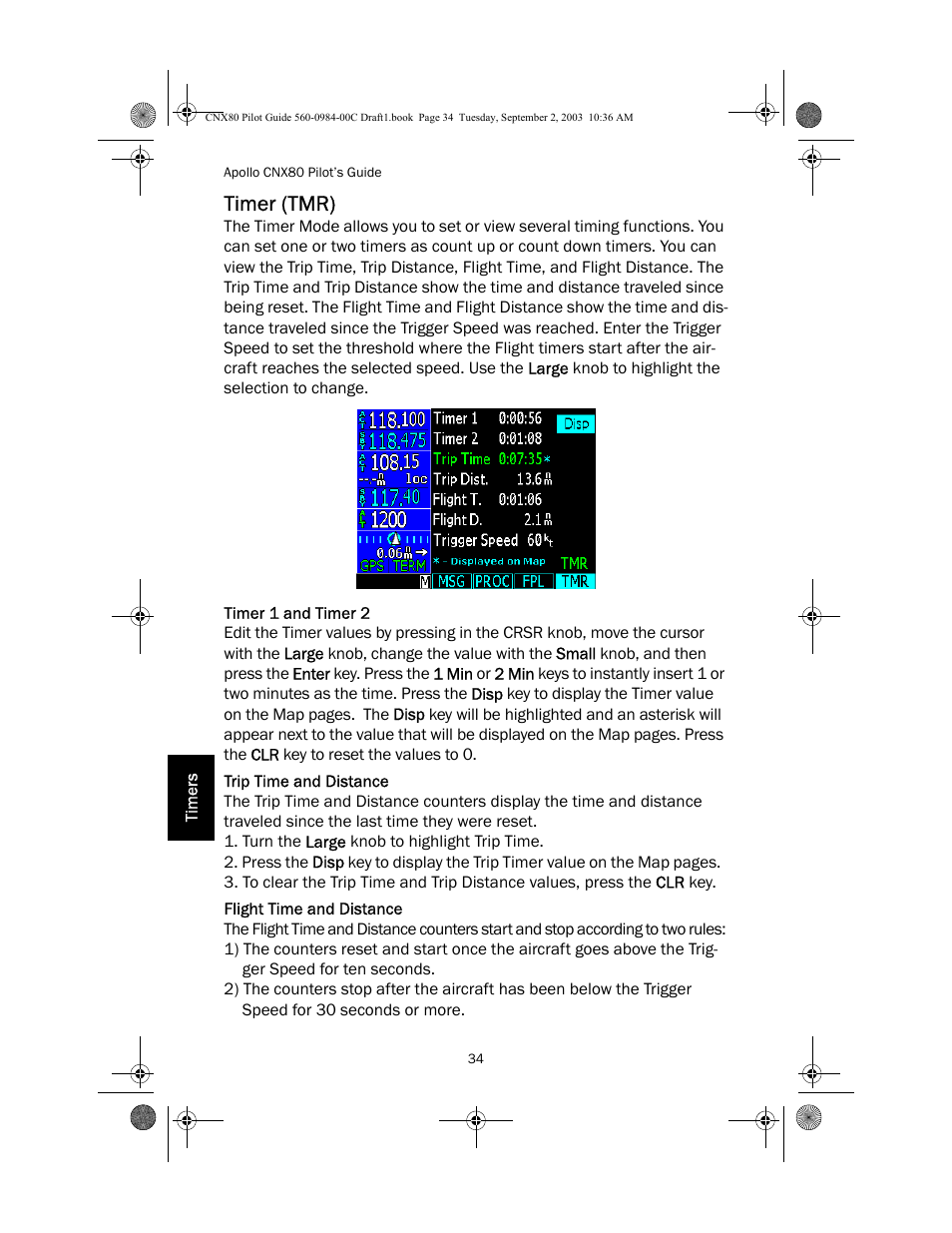 Timer (tmr), Timer 1 and timer 2, Trip time and distance | Flight time and distance | Apollo CNX80 User Manual | Page 38 / 50