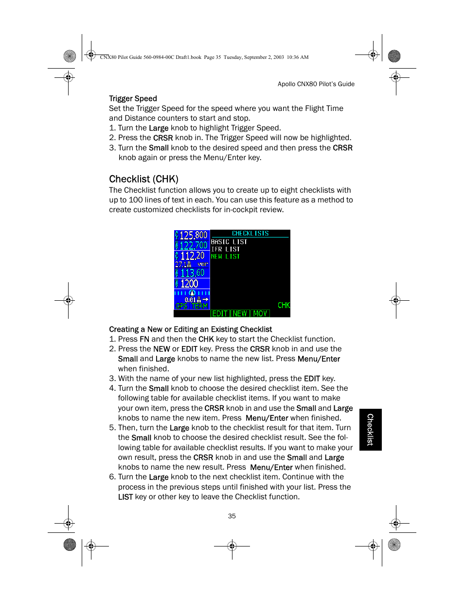 Trigger speed, Checklist (chk), Creating a new or editing an existing checklist | Apollo CNX80 User Manual | Page 39 / 50