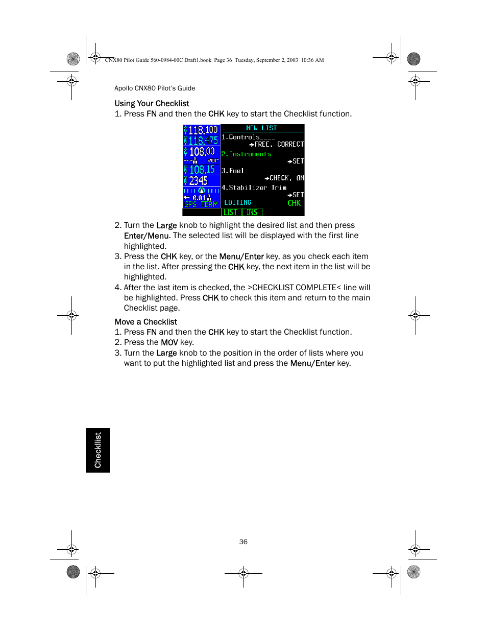 Using your checklist, Move a checklist | Apollo CNX80 User Manual | Page 40 / 50