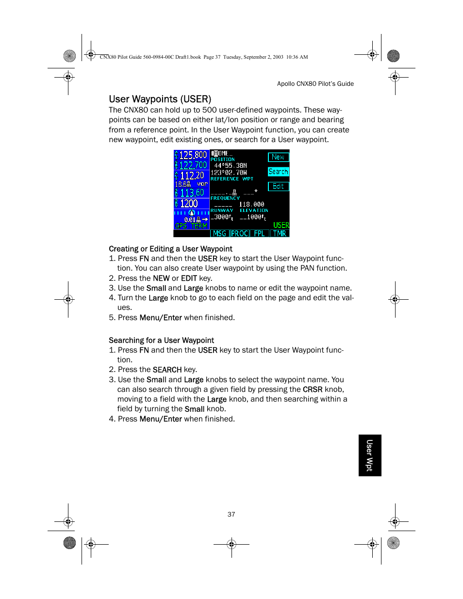 User waypoints (user), Creating or editing a user waypoint, Searching for a user waypoint | Apollo CNX80 User Manual | Page 41 / 50