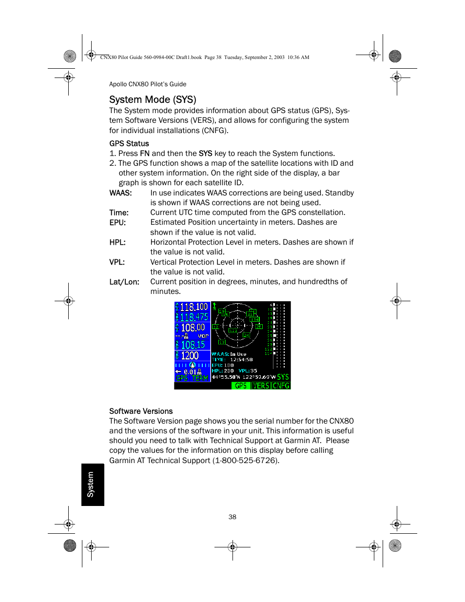 System mode (sys), Gps status, Software versions | Apollo CNX80 User Manual | Page 42 / 50